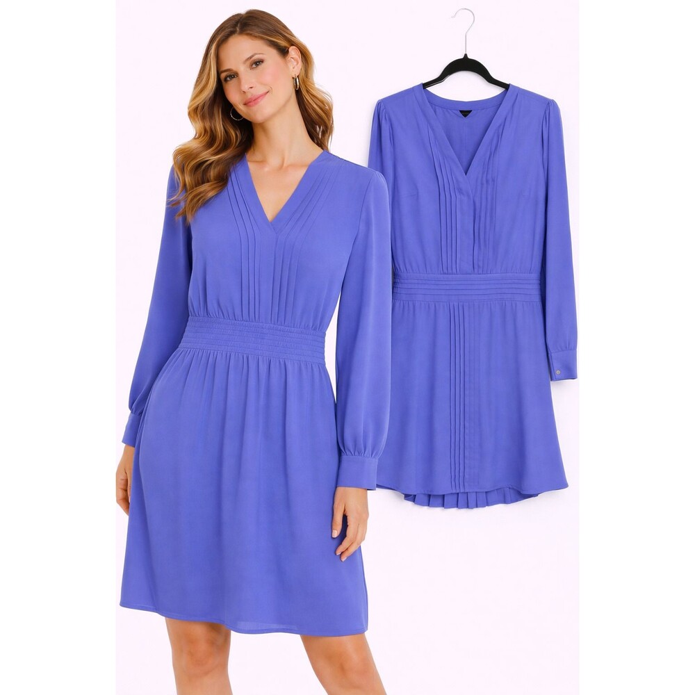 White House Black Market Pleated Dress Size 6 Periwinkle Blue Long Sleeve